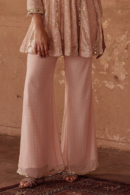 Mustard Moon By Neyha And Vrinda Peach Georgette Mirrors V-neck Mukaish Embroidered Tunic And Pant Set Online at Aza Fashions Mustard Moon By Neyha And Vrinda_Peach Georgette Mirrors V-neck Mukaish Embroidered Tunic And Pant Set _Online_at_Aza_Fashions