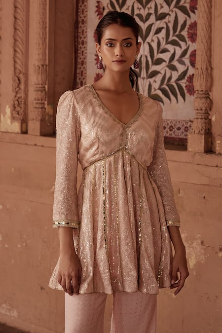 Buy Mustard Moon By Neyha And Vrinda Peach Georgette Mirrors V-neck Mukaish Embroidered Tunic And Pant Set Online at Aza Fashions Buy_Mustard Moon By Neyha And Vrinda_Peach Georgette Mirrors V-neck Mukaish Embroidered Tunic And Pant Set _Online_at_Aza_Fashions