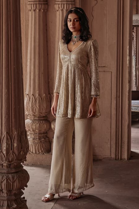 Mustard Moon by Neyha and Vrinda Kiran Mukaish Embroidered Tunic & Pant Set 