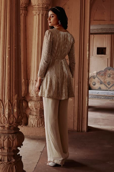 Shop Mustard Moon By Neyha And Vrinda Beige Georgette Mirrors V-neck Mukaish Embroidered Tunic And Pant Set at Aza Fashions Shop_Mustard Moon By Neyha And Vrinda_Beige Georgette Mirrors V-neck Mukaish Embroidered Tunic And Pant Set _at_Aza_Fashions
