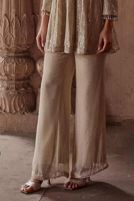 Mustard Moon By Neyha And Vrinda Beige Georgette Mirrors V-neck Mukaish Embroidered Tunic And Pant Set Online at Aza Fashions Mustard Moon By Neyha And Vrinda_Beige Georgette Mirrors V-neck Mukaish Embroidered Tunic And Pant Set _Online_at_Aza_Fashions
