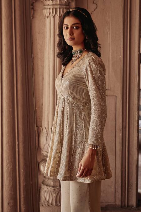 Buy Mustard Moon By Neyha And Vrinda Beige Georgette Mirrors V-neck Mukaish Embroidered Tunic And Pant Set Online at Aza Fashions Buy_Mustard Moon By Neyha And Vrinda_Beige Georgette Mirrors V-neck Mukaish Embroidered Tunic And Pant Set _Online_at_Aza_Fashions