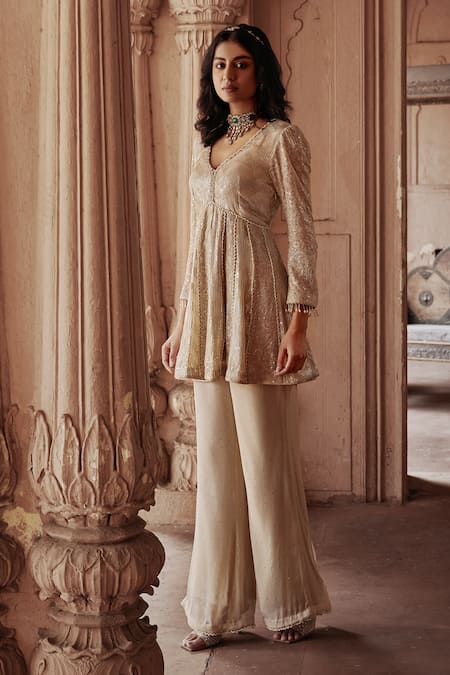 Shop Mustard Moon By Neyha And Vrinda Beige Georgette Mirrors V-neck Mukaish Embroidered Tunic And Pant Set Online at Aza Fashions Shop_Mustard Moon By Neyha And Vrinda_Beige Georgette Mirrors V-neck Mukaish Embroidered Tunic And Pant Set _Online_at_Aza_Fashions
