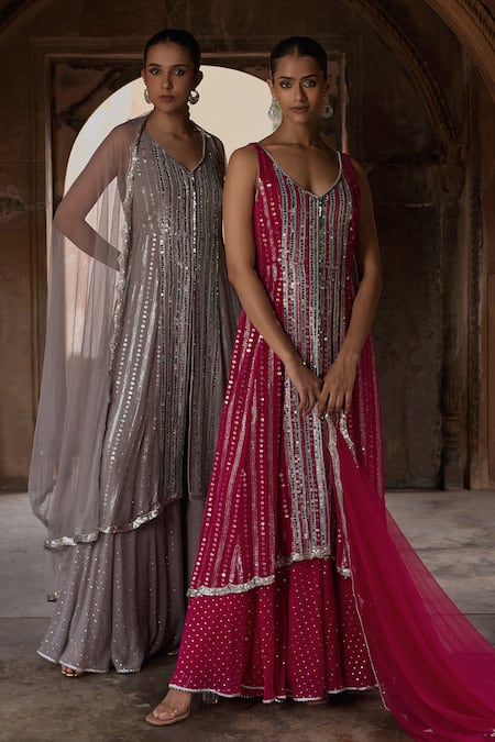 Mustard Moon By Neyha And Vrinda_Gray Georgette, Net Mirrors, Sequins High Low Embroidered Kurta Sharara Set _Online_at_Aza_Fashions