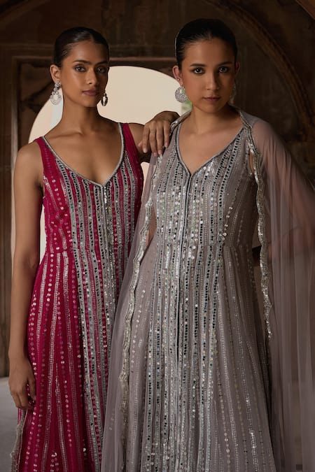 Buy_Mustard Moon By Neyha And Vrinda_Gray Georgette, Net Mirrors, Sequins High Low Embroidered Kurta Sharara Set _Online_at_Aza_Fashions