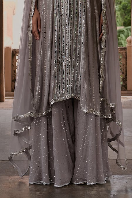 Shop_Mustard Moon By Neyha And Vrinda_Gray Georgette, Net Mirrors, Sequins High Low Embroidered Kurta Sharara Set _Online_at_Aza_Fashions