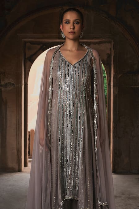 Mustard Moon By Neyha And Vrinda_Gray Georgette, Net Mirrors, Sequins High Low Embroidered Kurta Sharara Set _at_Aza_Fashions
