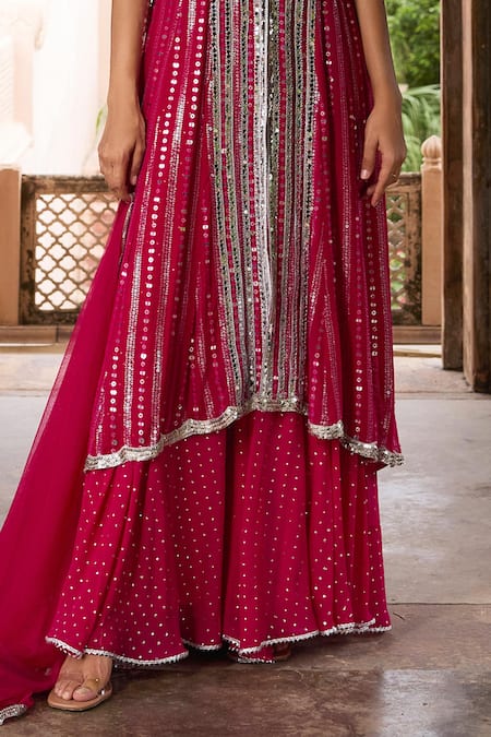 Mustard Moon By Neyha And Vrinda Pink Georgette, Net Mirrors, Sequins High Low Embroidered Kurta Sharara Set Online at Aza Fashions Mustard Moon By Neyha And Vrinda_Pink Georgette, Net Mirrors, Sequins High Low Embroidered Kurta Sharara Set _Online_at_Aza_Fashions