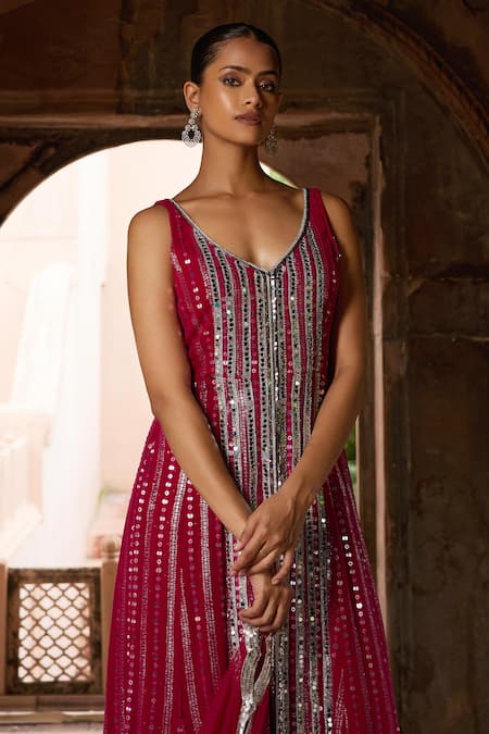 Buy Mustard Moon By Neyha And Vrinda Pink Georgette, Net Mirrors, Sequins High Low Embroidered Kurta Sharara Set Online at Aza Fashions Buy_Mustard Moon By Neyha And Vrinda_Pink Georgette, Net Mirrors, Sequins High Low Embroidered Kurta Sharara Set _Online_at_Aza_Fashions