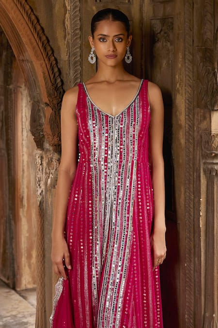 Shop Mustard Moon By Neyha And Vrinda Pink Georgette, Net Mirrors, Sequins High Low Embroidered Kurta Sharara Set Online at Aza Fashions Shop_Mustard Moon By Neyha And Vrinda_Pink Georgette, Net Mirrors, Sequins High Low Embroidered Kurta Sharara Set _Online_at_Aza_Fashions