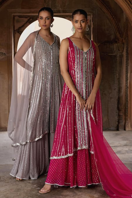 Mustard Moon By Neyha And Vrinda Pink Georgette, Net Mirrors, Sequins High Low Embroidered Kurta Sharara Set at Aza Fashions Mustard Moon By Neyha And Vrinda_Pink Georgette, Net Mirrors, Sequins High Low Embroidered Kurta Sharara Set _at_Aza_Fashions