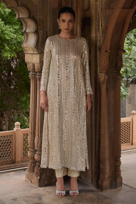 Mustard Moon by Neyha and Vrinda Mehak Mirror Embroidered Kurta With Pant 