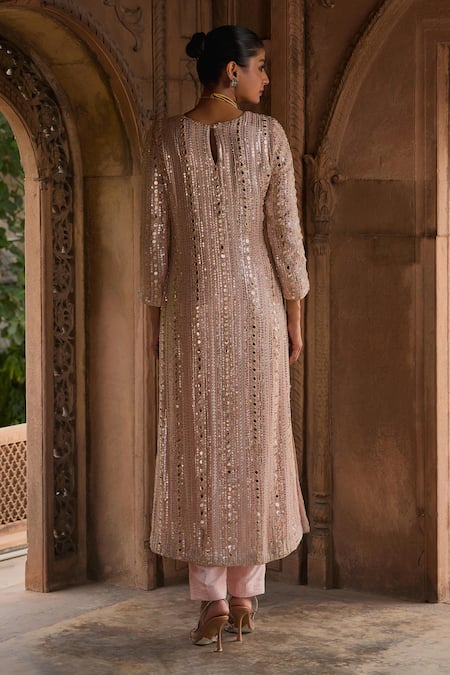 Mustard Moon By Neyha And Vrinda Peach Sequin Embroidered Kurta Set 