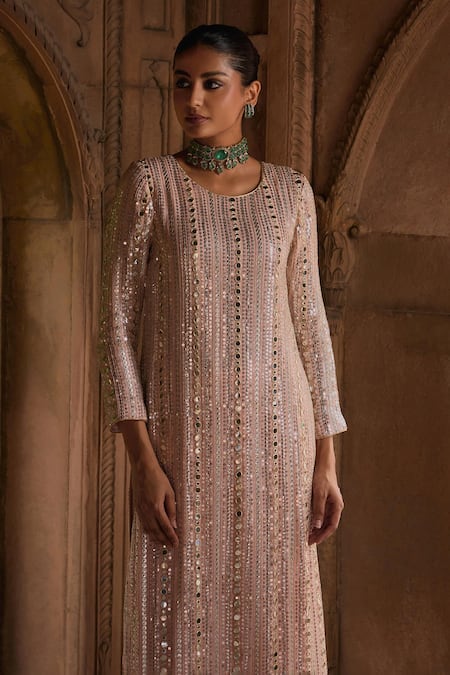 Buy_Mustard Moon By Neyha And Vrinda_Peach Georgette, Silk Mirrors, Sequins, Embroidery Round Neck Kurta Set _Online_at_Aza_Fashions