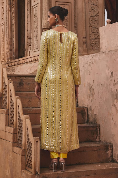 Shop Mustard Moon By Neyha And Vrinda Yellow Georgette, Silk Mirrors, Sequins Round Neck And Embroidered Kurta Set at Aza Fashions Shop_Mustard Moon By Neyha And Vrinda_Yellow Georgette, Silk Mirrors, Sequins Round Neck And Embroidered Kurta Set _at_Aza_Fashions