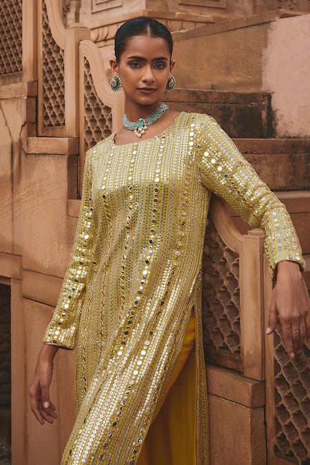 Mustard Moon By Neyha And Vrinda Yellow Georgette, Silk Mirrors, Sequins Round Neck And Embroidered Kurta Set Online at Aza Fashions Mustard Moon By Neyha And Vrinda_Yellow Georgette, Silk Mirrors, Sequins Round Neck And Embroidered Kurta Set _Online_at_Aza_Fashions