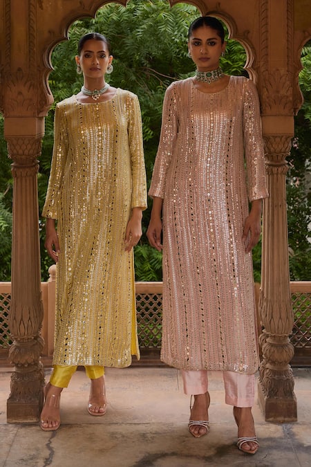 Buy Mustard Moon By Neyha And Vrinda Yellow Georgette, Silk Mirrors, Sequins Round Neck And Embroidered Kurta Set Online at Aza Fashions Buy_Mustard Moon By Neyha And Vrinda_Yellow Georgette, Silk Mirrors, Sequins Round Neck And Embroidered Kurta Set _Online_at_Aza_Fashions
