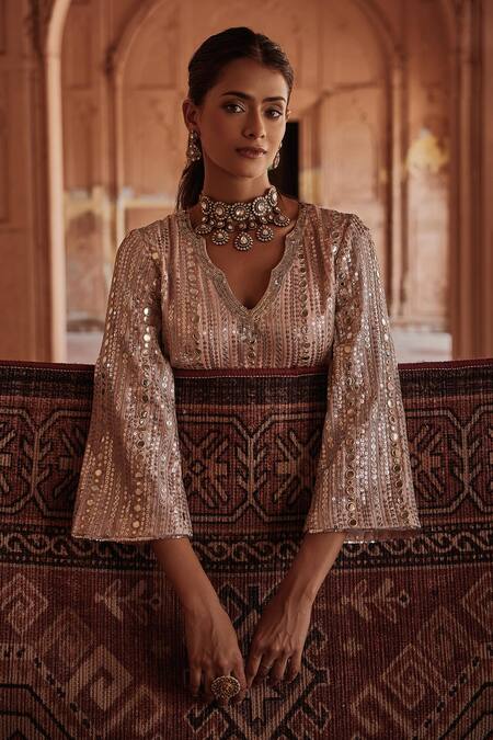 Mustard Moon By Neyha And Vrinda_Peach Georgette Sequins, Mirrors, Embroidery Scoop Neck Tunic And Flared Pant _Online_at_Aza_Fashions