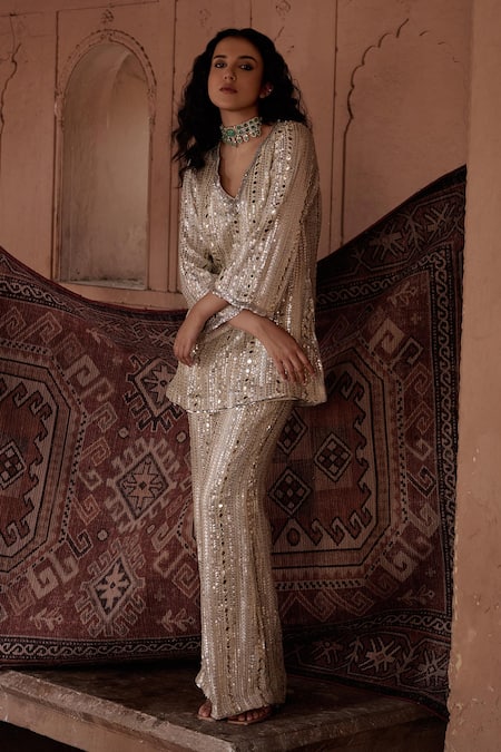 Mustard Moon By Neyha And Vrinda_Beige Georgette Mirrors, Sequins, Embroidery Scoop Neck Tunic And Flared Pant _Online_at_Aza_Fashions