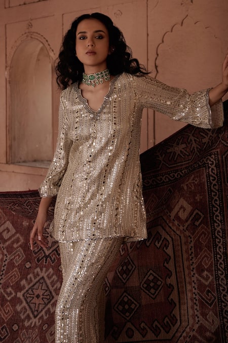 Buy_Mustard Moon By Neyha And Vrinda_Beige Georgette Mirrors, Sequins, Embroidery Scoop Neck Tunic And Flared Pant _Online_at_Aza_Fashions