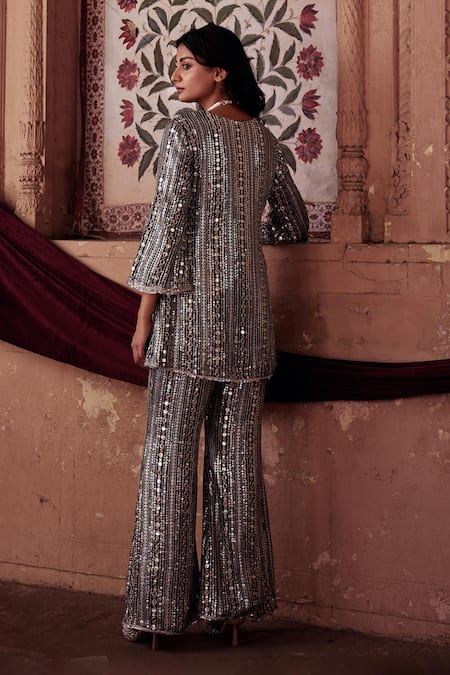 Mustard Moon By Neyha And Vrinda Navy Blue Mirror Embroidered Tunic & Pant Set 