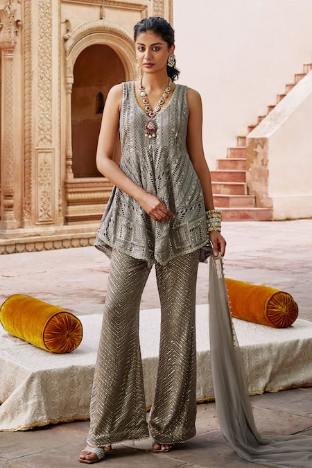 Mustard Moon by Neyha and Vrinda Tara Sequin Embroidered Asymmetric Tunic Set 