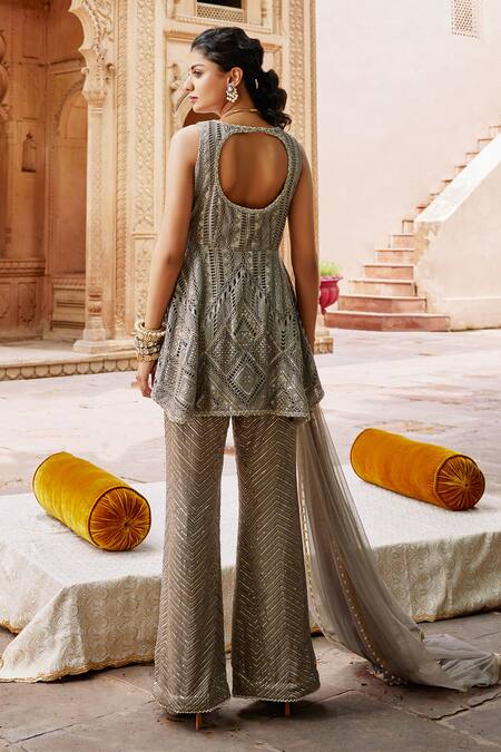 Shop Mustard Moon By Neyha And Vrinda Gray Cotton, Georgette, Net Sequins, Pearls, Embroidery V-neck Grey Tunic Set at Aza Fashions Shop_Mustard Moon By Neyha And Vrinda_Gray Cotton, Georgette, Net Sequins, Pearls, Embroidery V-neck Grey Tunic Set_at_Aza_Fashions