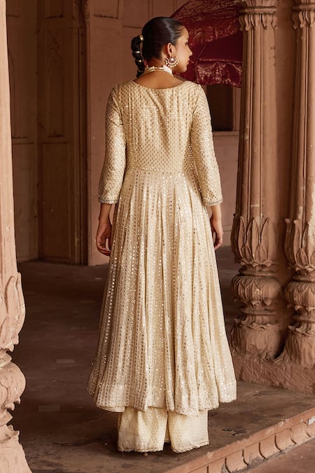 Mustard Moon By Neyha And Vrinda Beige Mirror Embroidered Anarkali Set 