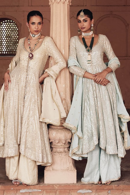 Mustard Moon By Neyha And Vrinda_Beige Georgette, Chanderi Sequins, Mirrors V-neck Embroidered Anarkali Set _Online_at_Aza_Fashions