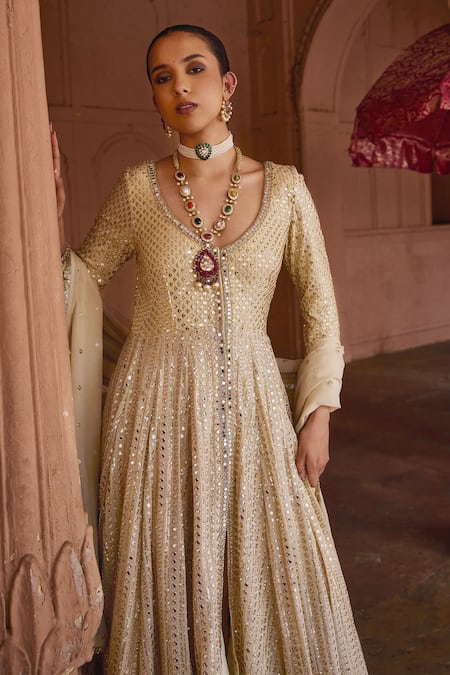 Buy_Mustard Moon By Neyha And Vrinda_Beige Georgette, Chanderi Sequins, Mirrors V-neck Embroidered Anarkali Set _Online_at_Aza_Fashions