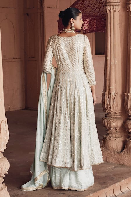 Mustard Moon By Neyha And Vrinda Mint Blue Sequin Embroidered Anarkali Set 