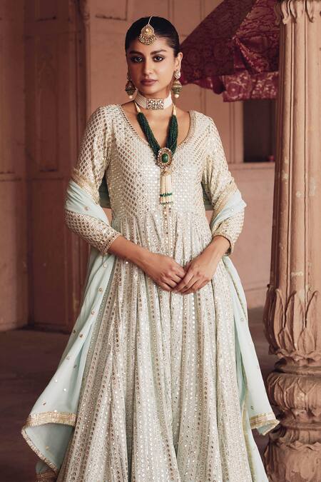 Mustard Moon By Neyha And Vrinda Mint Georgette, Chanderi Sequins, Mirrors V-neck Blue Embroidered Anarkali Set Online at Aza Fashions Mustard Moon By Neyha And Vrinda_Mint Georgette, Chanderi Sequins, Mirrors V-neck Blue Embroidered Anarkali Set _Online_at_Aza_Fashions