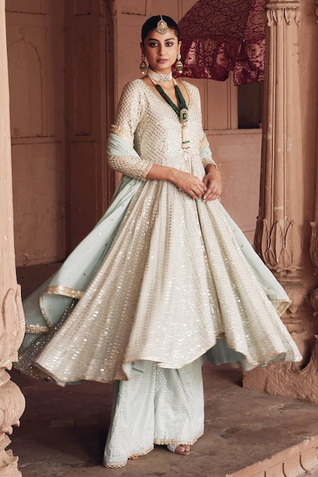 Buy Mustard Moon By Neyha And Vrinda Mint Georgette, Chanderi Sequins, Mirrors V-neck Blue Embroidered Anarkali Set Online at Aza Fashions Buy_Mustard Moon By Neyha And Vrinda_Mint Georgette, Chanderi Sequins, Mirrors V-neck Blue Embroidered Anarkali Set _Online_at_Aza_Fashions
