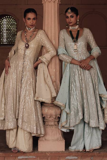 Shop Mustard Moon By Neyha And Vrinda Mint Georgette, Chanderi Sequins, Mirrors V-neck Blue Embroidered Anarkali Set Online at Aza Fashions Shop_Mustard Moon By Neyha And Vrinda_Mint Georgette, Chanderi Sequins, Mirrors V-neck Blue Embroidered Anarkali Set _Online_at_Aza_Fashions