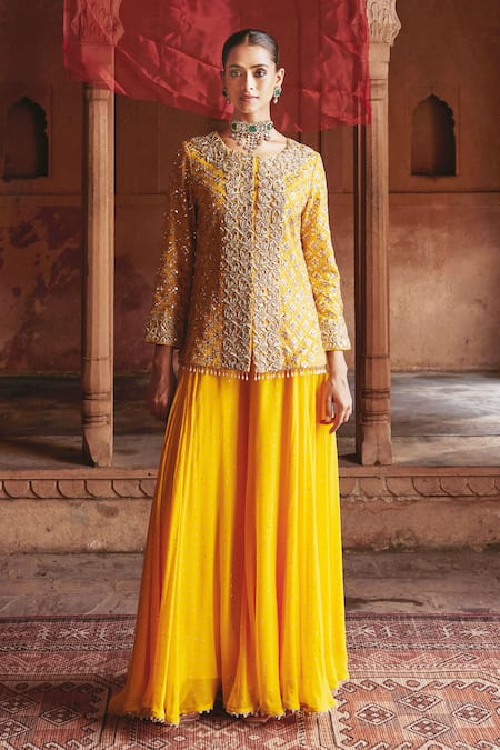 Mustard Moon by Neyha and Vrinda Aafreen Sequin Embroidered Jacket With Sharara 