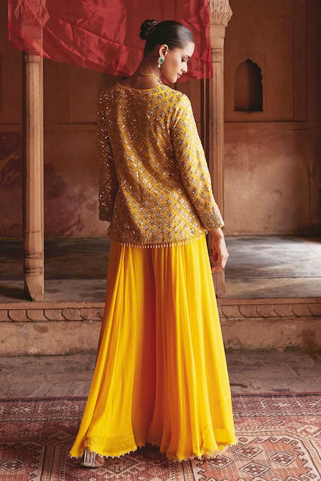 Mustard Moon By Neyha And Vrinda Sequin Embroidered Jacket & Sharara Set 