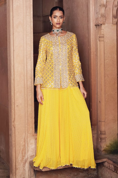 Mustard Moon By Neyha And Vrinda_Yellow Georgette Sequins, Zari Round Neck Embroidered Jacket And Sharara Set _Online_at_Aza_Fashions