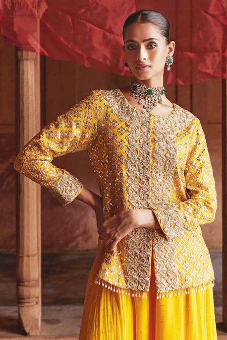 Buy_Mustard Moon By Neyha And Vrinda_Yellow Georgette Sequins, Zari Round Neck Embroidered Jacket And Sharara Set _Online_at_Aza_Fashions