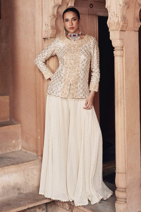 Mustard Moon By Neyha And Vrinda Beige Mukaish Embroidered Jacket & Sharara Set 