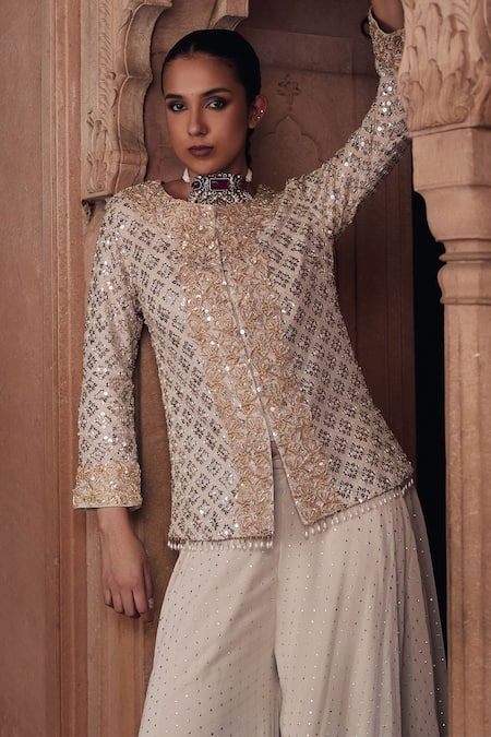Mustard Moon By Neyha And Vrinda_Beige Georgette Sequins, Zari Round Mukaish Embroidered Jacket And Sharara Set _Online_at_Aza_Fashions