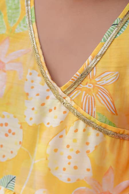 Petite Pomme_Yellow Muslin, Net Tassels, Lace, Floral Printed Angarkha And Sharara Set _Online_at_Aza_Fashions