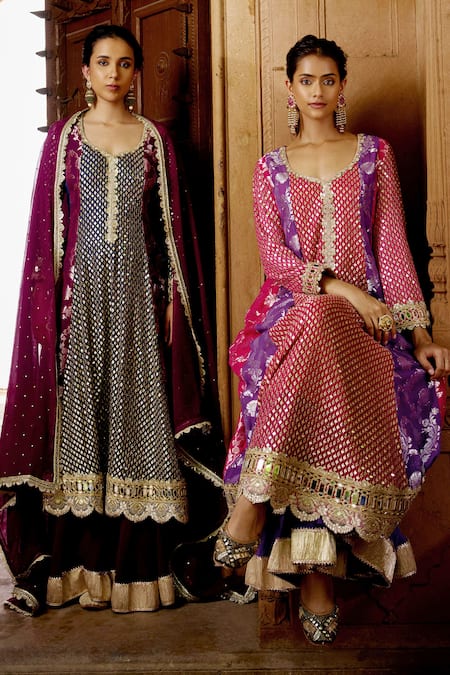 Buy_Mustard Moon By Neyha And Vrinda_Purple Georgette Sequins, Zari, Panelled Anarkali Set With Dupatta And Sharara _Online_at_Aza_Fashions