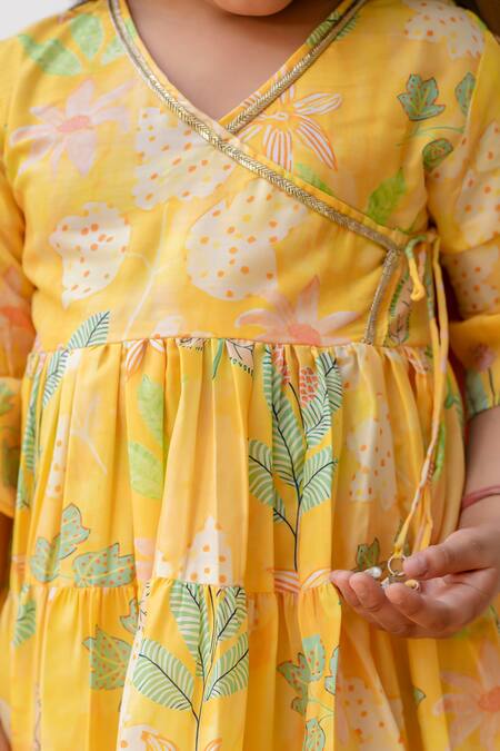 Buy_Petite Pomme_Yellow Muslin, Net Tassels, Lace, Floral Printed Angarkha And Sharara Set _Online_at_Aza_Fashions