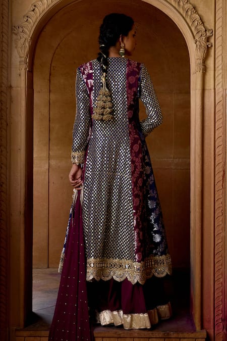 Mustard Moon By Neyha And Vrinda Navy Blue & Purple Mirror Embroidered Anarkali Set 