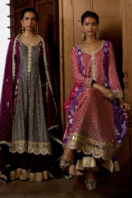 Mustard Moon By Neyha And Vrinda_Navy Georgette Mirrors, Sequins, Zari Blue And Purple Embroidered Anarkali Set _Online_at_Aza_Fashions