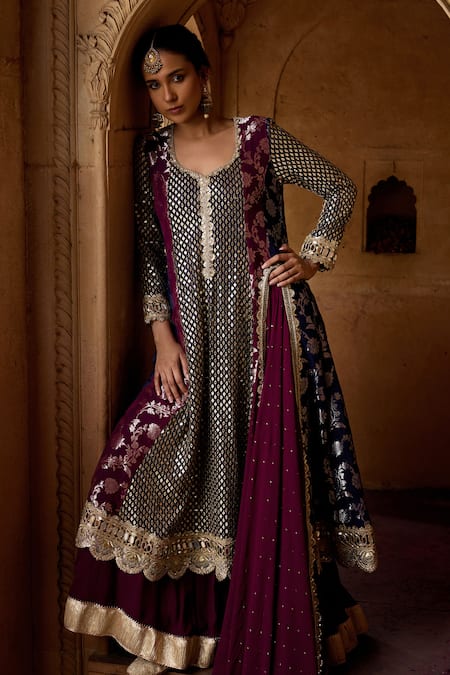 Buy_Mustard Moon By Neyha And Vrinda_Navy Georgette Mirrors, Sequins, Zari Blue And Purple Embroidered Anarkali Set _Online_at_Aza_Fashions