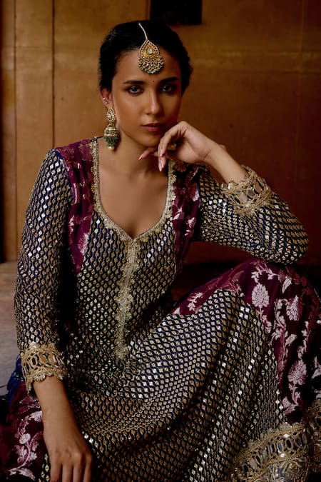 Shop_Mustard Moon By Neyha And Vrinda_Navy Georgette Mirrors, Sequins, Zari Blue And Purple Embroidered Anarkali Set _Online_at_Aza_Fashions