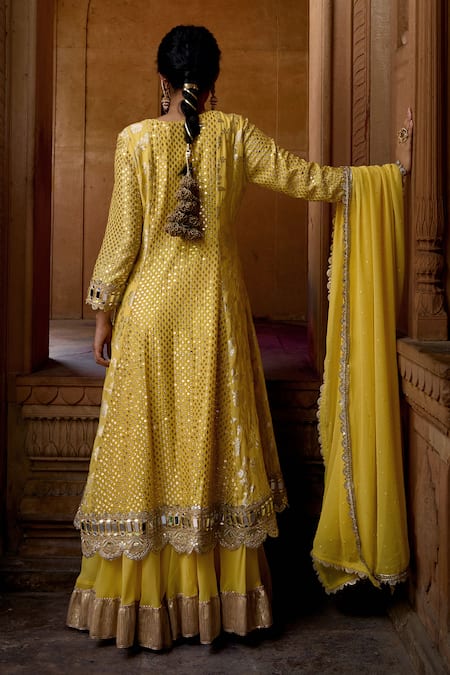 Mustard Moon By Neyha And Vrinda Zari Embroidered Yellow Anarkali Set 
