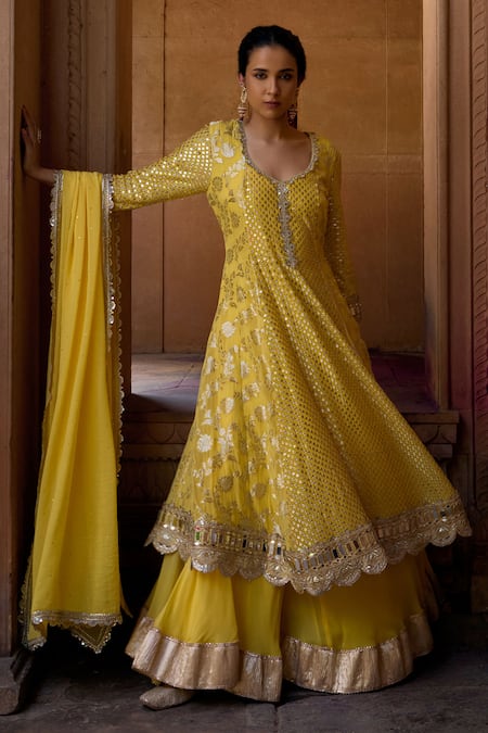 Mustard Moon By Neyha And Vrinda_Yellow Georgette Mirrors, Sequins, Zari Asymmetric Embroidered Anarkali Set _Online_at_Aza_Fashions