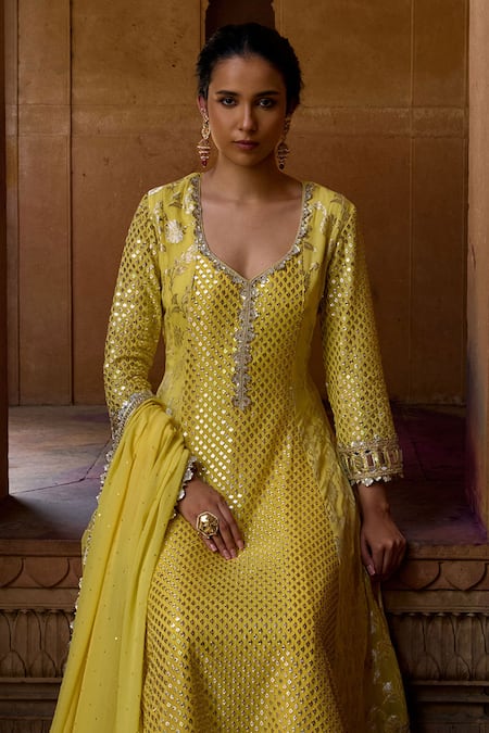 Shop_Mustard Moon By Neyha And Vrinda_Yellow Georgette Mirrors, Sequins, Zari Asymmetric Embroidered Anarkali Set _Online_at_Aza_Fashions